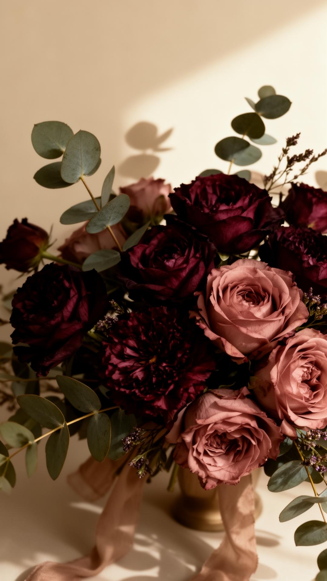 Maroon and dusty rose floral arrangement in cinematic light