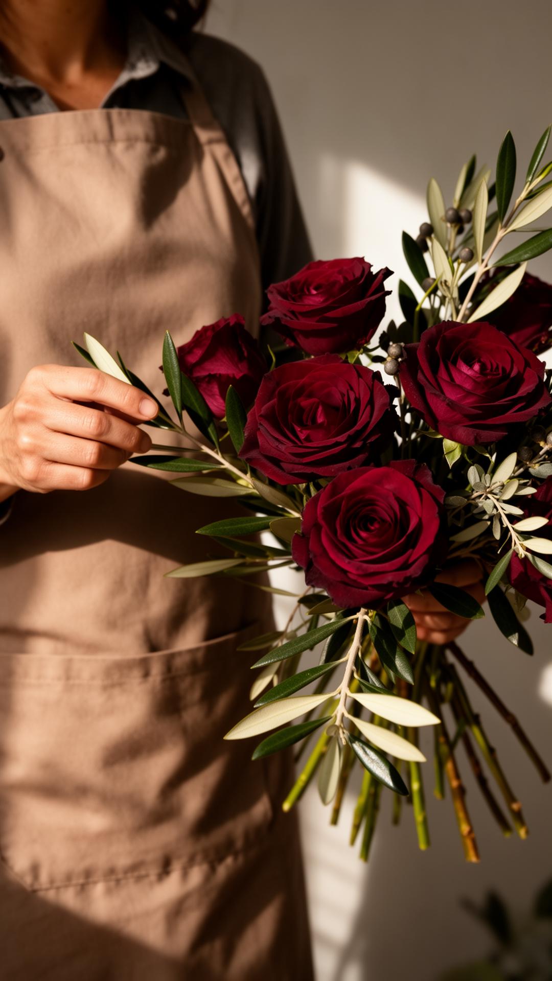 Hands arranging maroon roses in studio